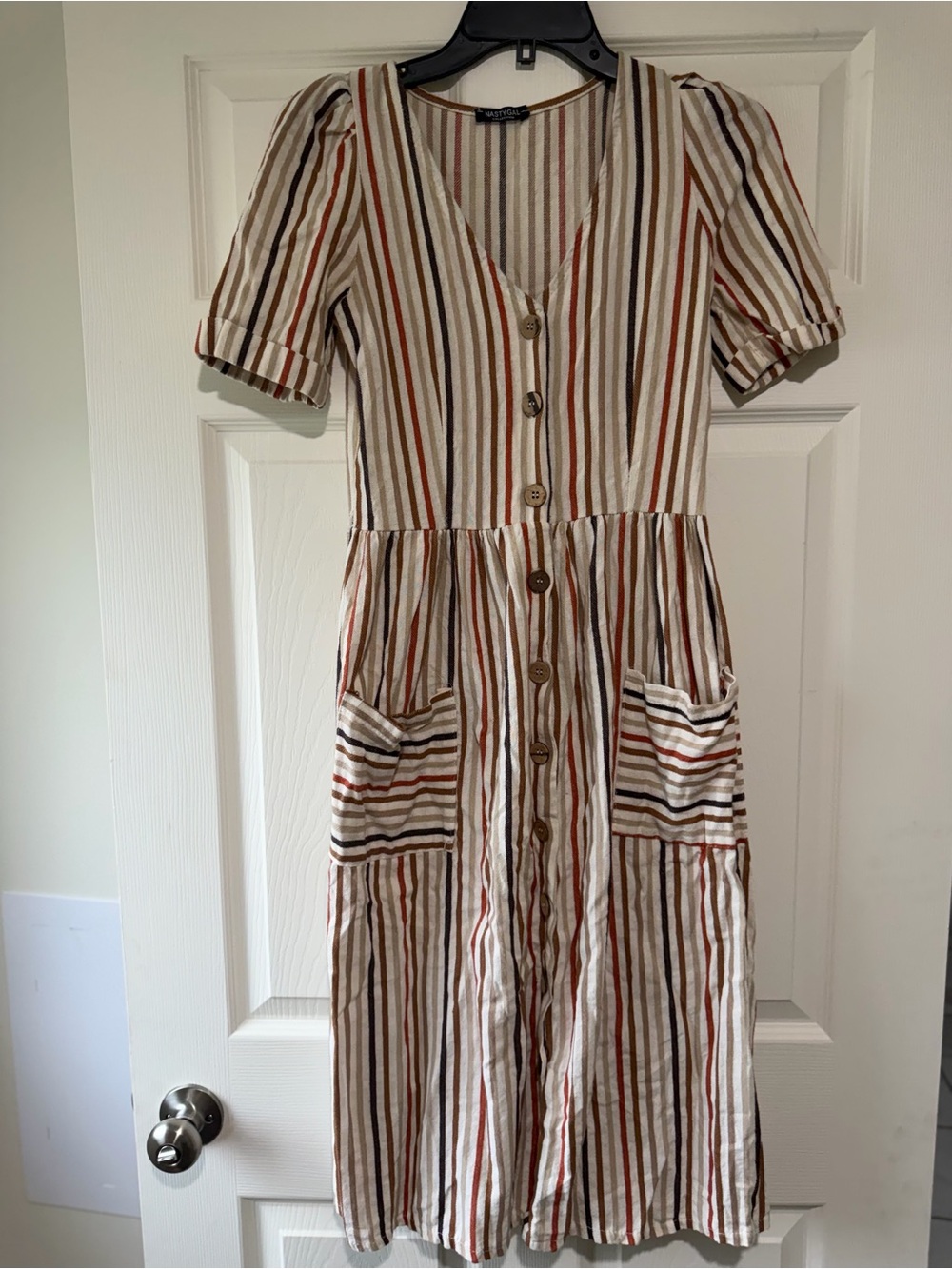 Striped Button-Front women’s Dress in Cream and Rust